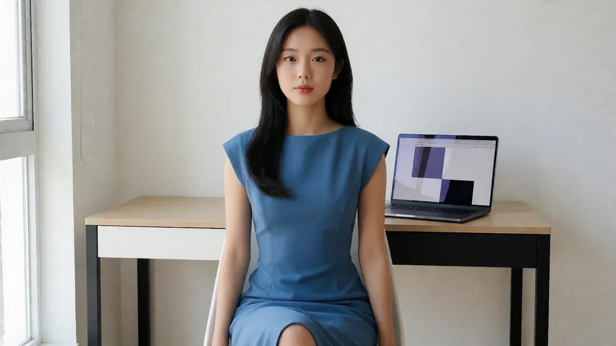成年女性穿蓝色连衣裙,坐在打开空白网页的笔记本电脑旁