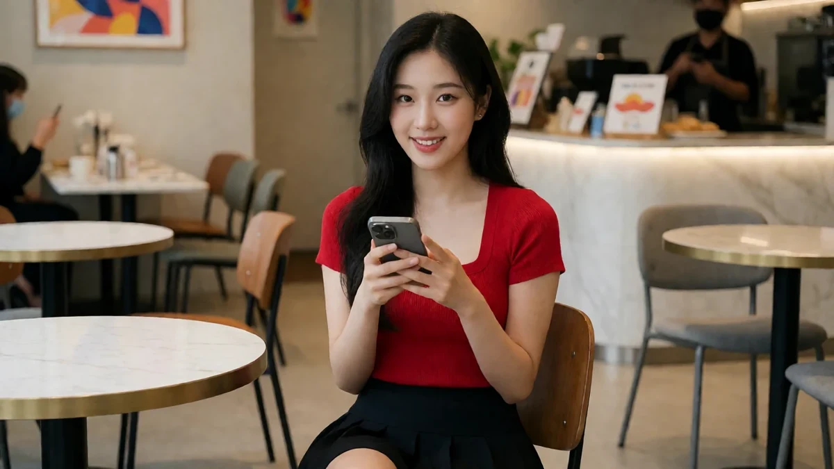 成年女性穿红色短袖上衣,在咖啡馆拿手机阅读话题