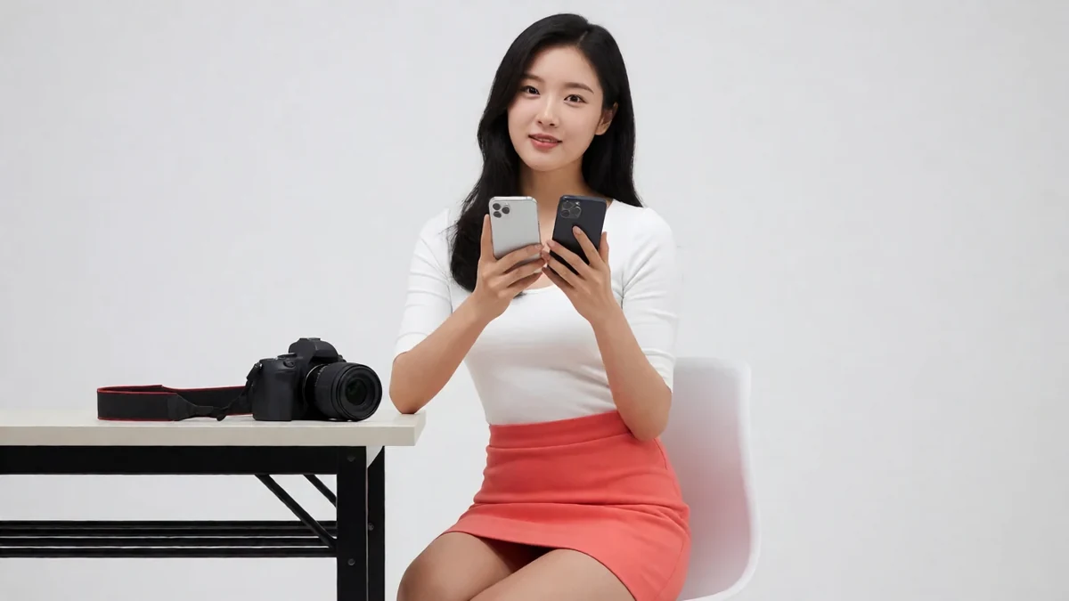 成年女性穿白色上衣和珊瑚色短裙,在摄影机旁对比两部手机