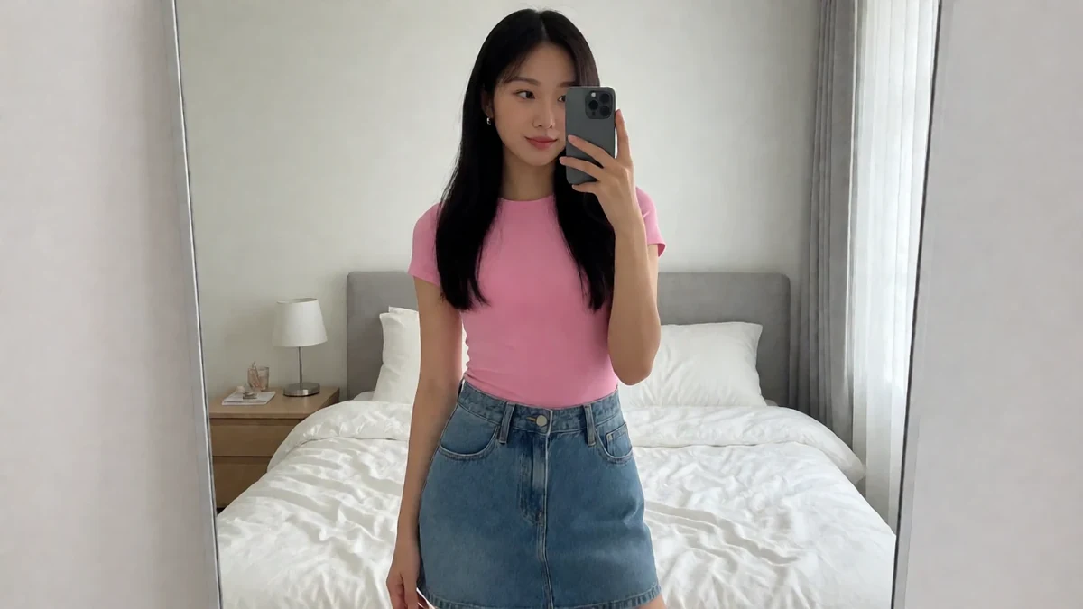 成年女性穿粉色上衣与牛仔短裙,在卧室镜前举手机自拍
