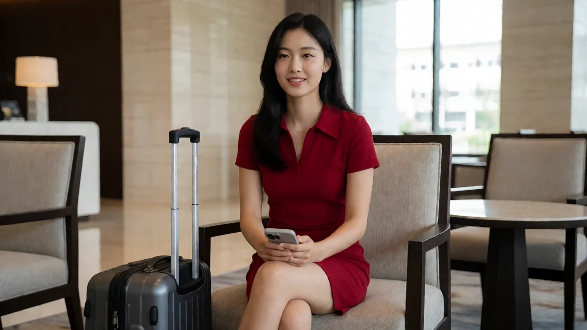 成年女性穿红色连衣裙,带行李坐在酒店大堂看手机
